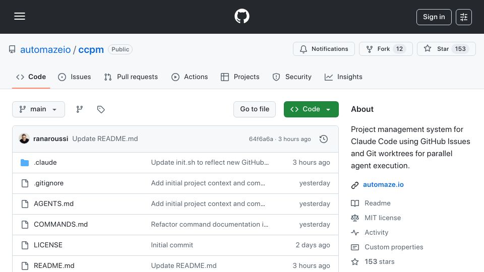 Screenshot of github.com: Show HN: Project management system for Claude Code