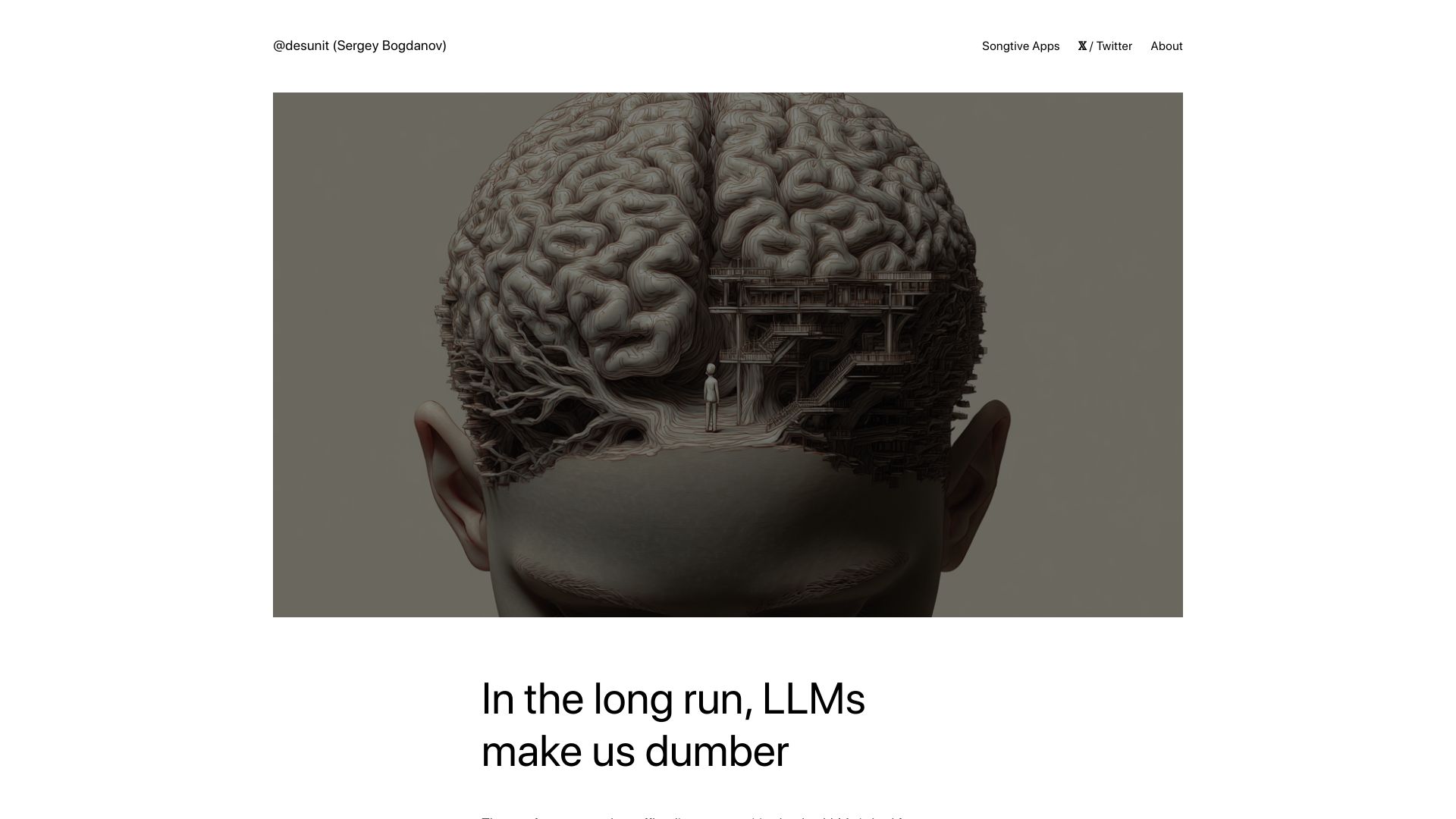 Screenshot of desunit.com: In the long run, LLMs make us dumber