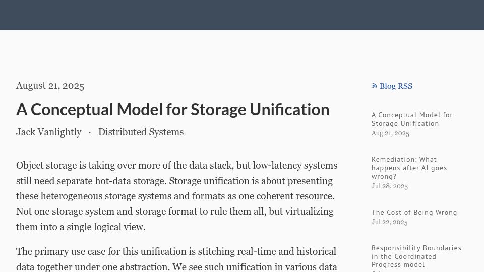 Screenshot of jack-vanlightly.com: A Conceptual Model for Storage Unification