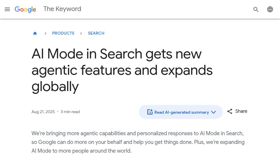 Screenshot of blog.google: AI Mode in Search gets new agentic features and expands globally
