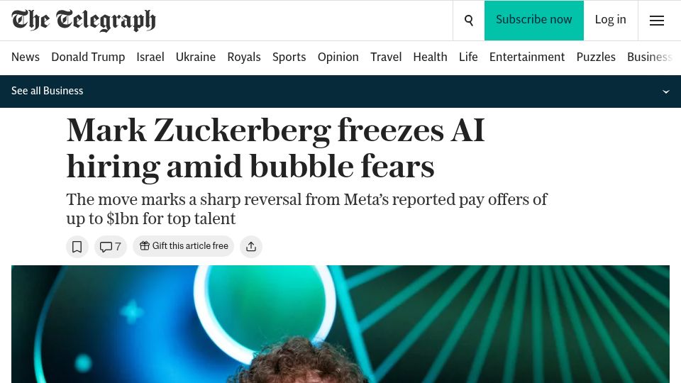 Screenshot of telegraph.co.uk: Mark Zuckerberg freezes AI hiring amid bubble fears
