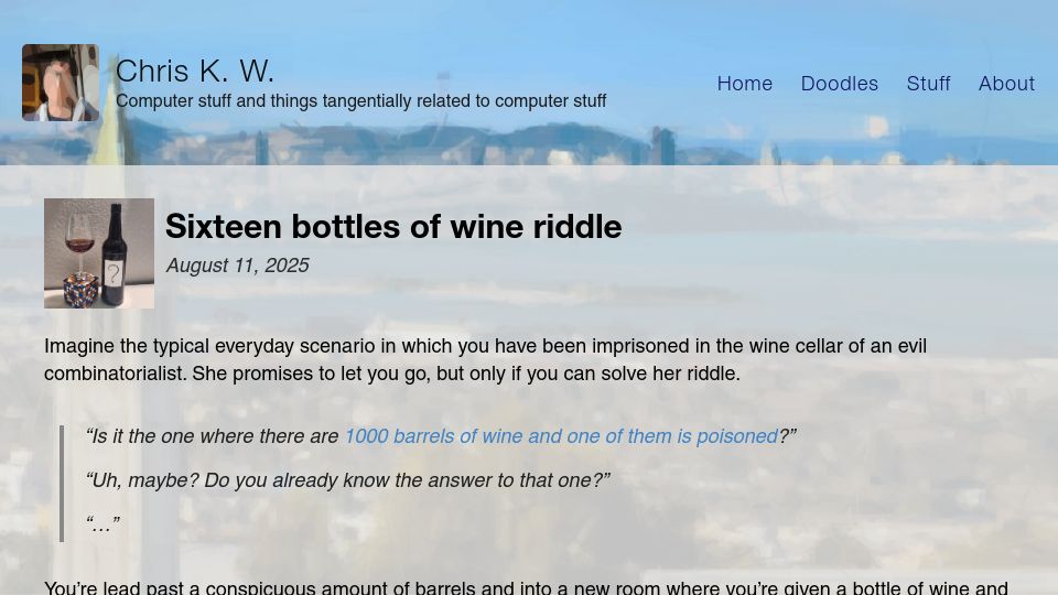 Screenshot of chriskw.xyz: Sixteen bottles of wine riddle