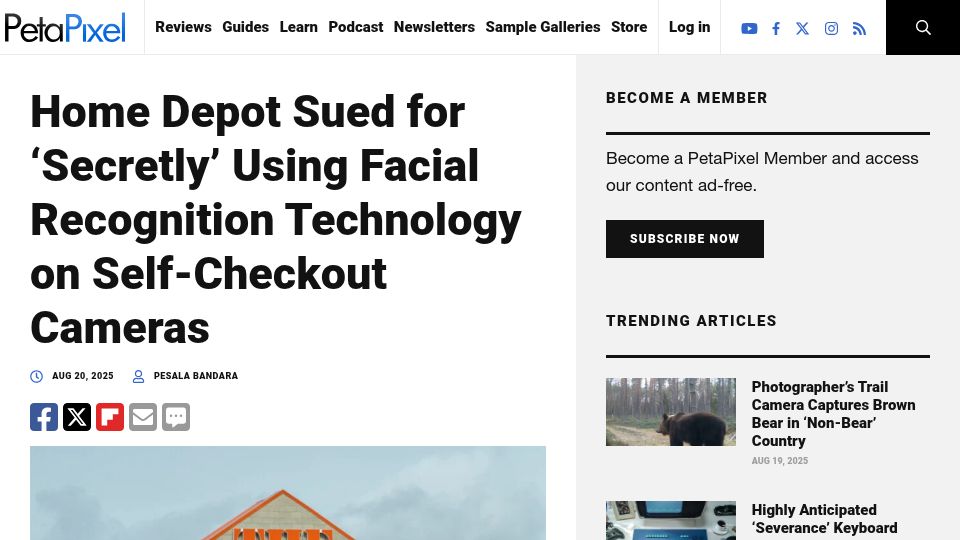 Screenshot of petapixel.com: Home Depot sued for 'secretly' using facial recognition at self-checkouts