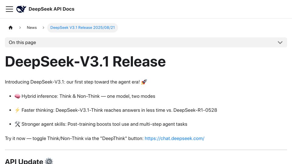 Screenshot of api-docs.deepseek.com: DeepSeek-v3.1