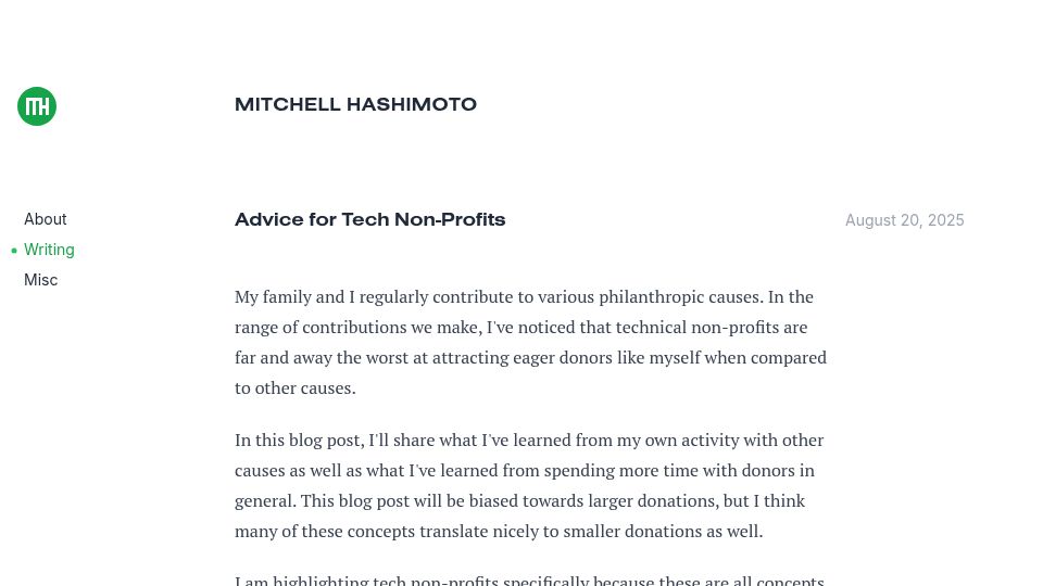 Screenshot of mitchellh.com: Advice for Tech Non-Profits