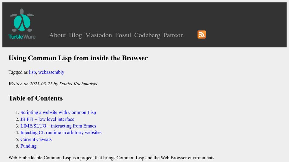 Screenshot of turtleware.eu: Show HN: Using Common Lisp from Inside the Browser