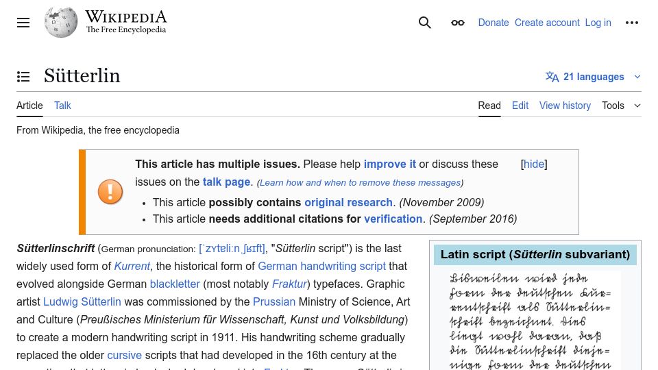 Screenshot of en.wikipedia.org: Sütterlin