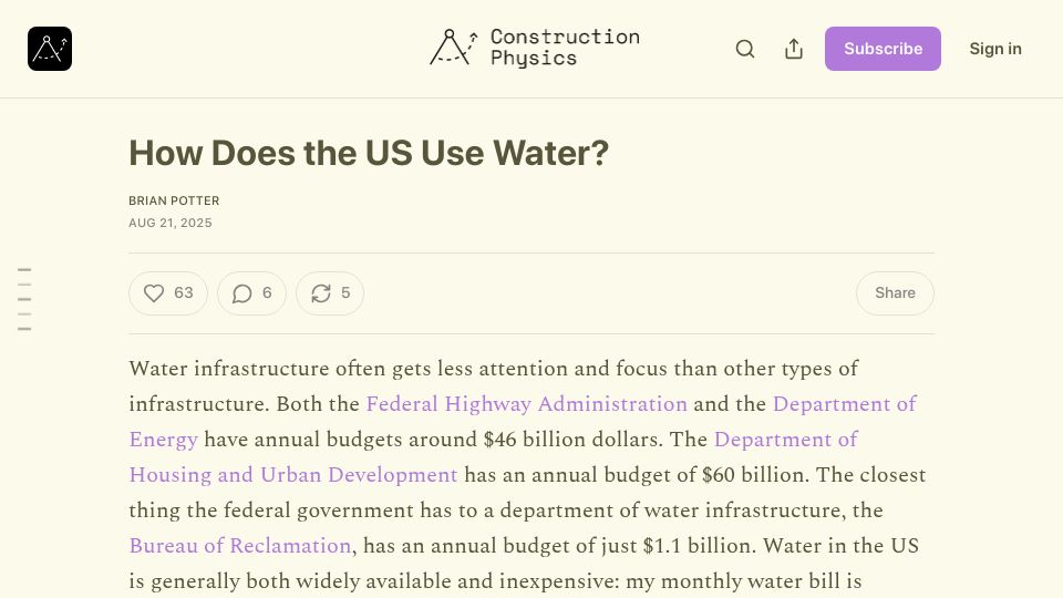 Screenshot of construction-physics.com: How does the US use water?