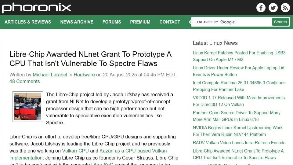 Screenshot of phoronix.com: Libre-Chip Awarded NLnet Grant to Prototype a CPU Isn't Vulnerable to Spectre