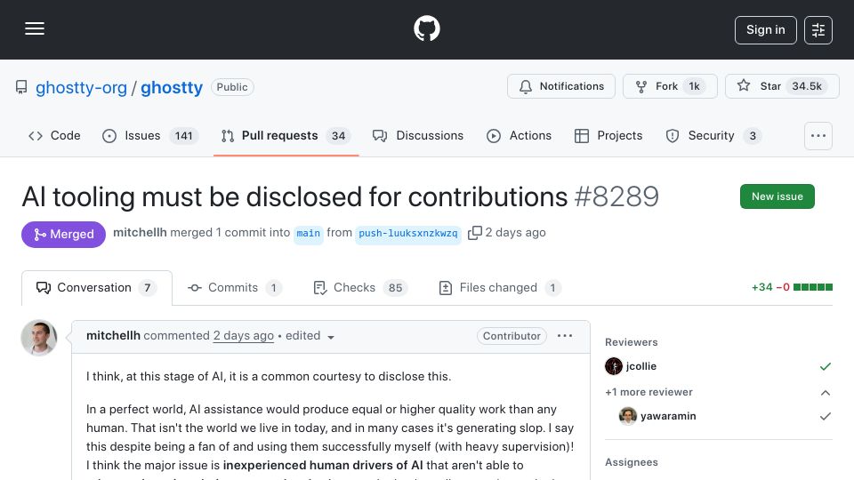 Screenshot of github.com: AI tooling must be disclosed for contributions