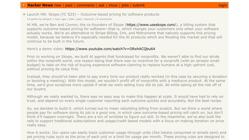 Screenshot of Hacker News post: Launch HN: Skope (YC S25) – Outcome-based pricing for software products