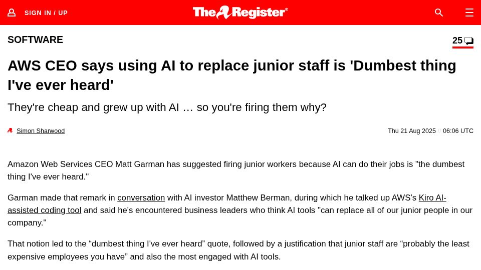 Screenshot of theregister.com: AWS CEO says using AI to replace junior staff is 'Dumbest thing I've ever heard'