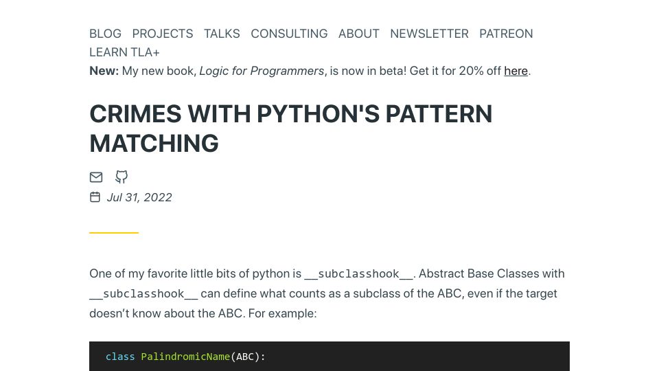 Screenshot of hillelwayne.com: Crimes with Python's Pattern Matching (2022)