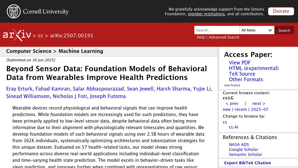 Screenshot of arxiv.org: Beyond sensor data: Foundation models of behavioral data from wearables