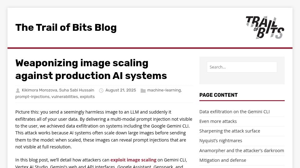 Screenshot of blog.trailofbits.com: Weaponizing image scaling against production AI systems
