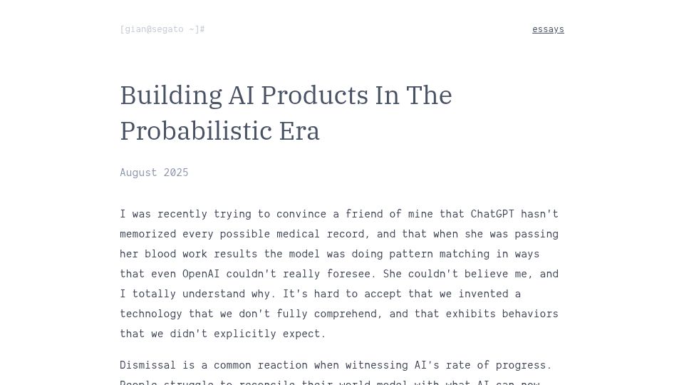 Screenshot of giansegato.com: Building AI products in the probabilistic era