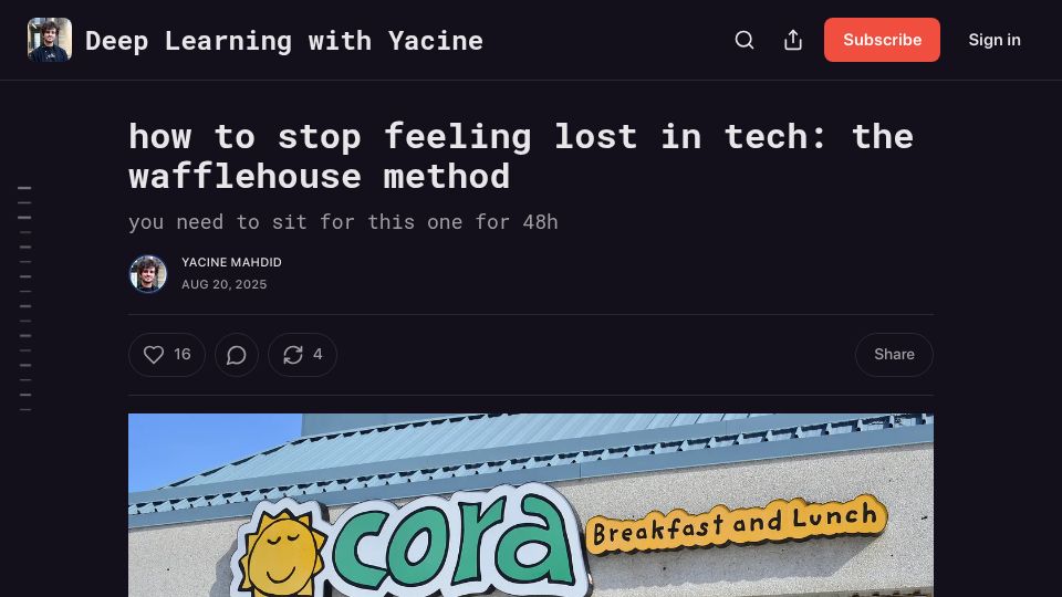 Screenshot of yacinemahdid.com: How to stop feeling lost in tech: the wafflehouse method