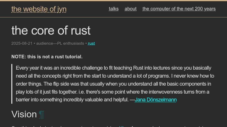 Screenshot of jyn.dev: The Core of Rust