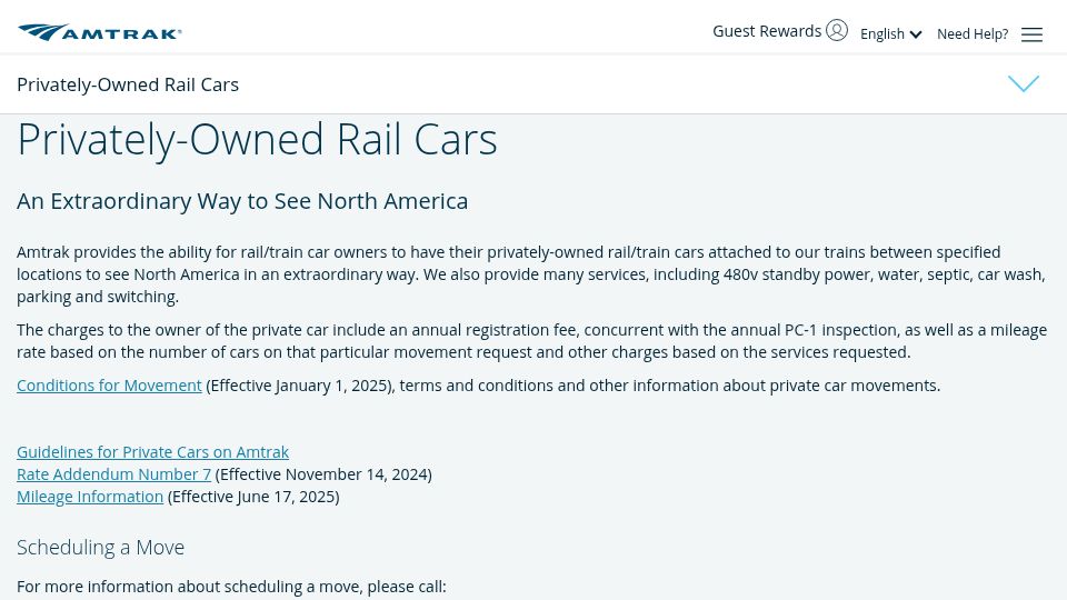 Screenshot of amtrak.com: Privately-Owned Rail Cars