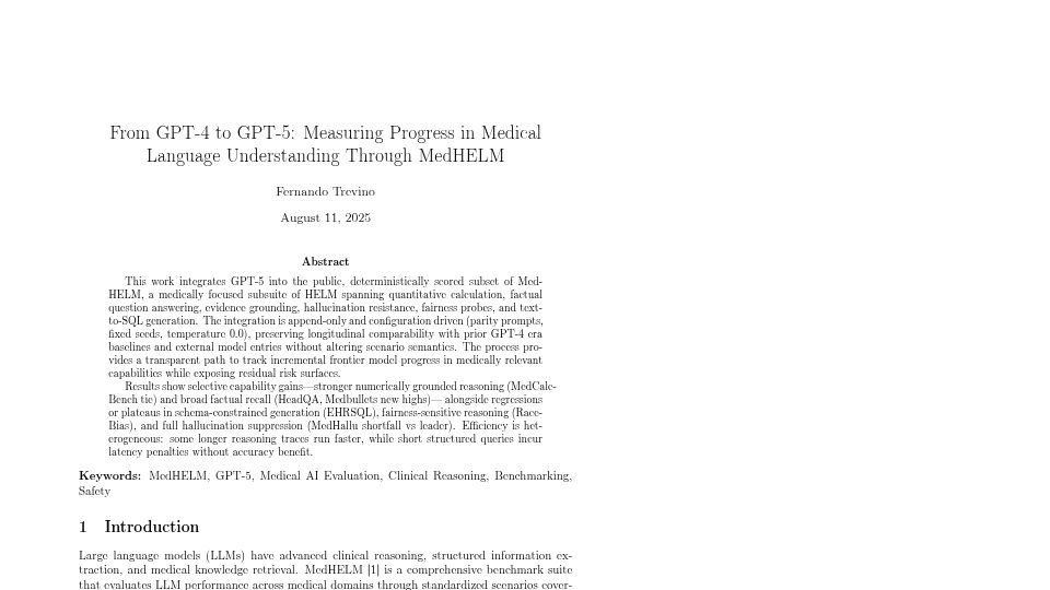 Screenshot of fertrevino.com: From GPT-4 to GPT-5: Measuring progress through MedHELM [pdf]