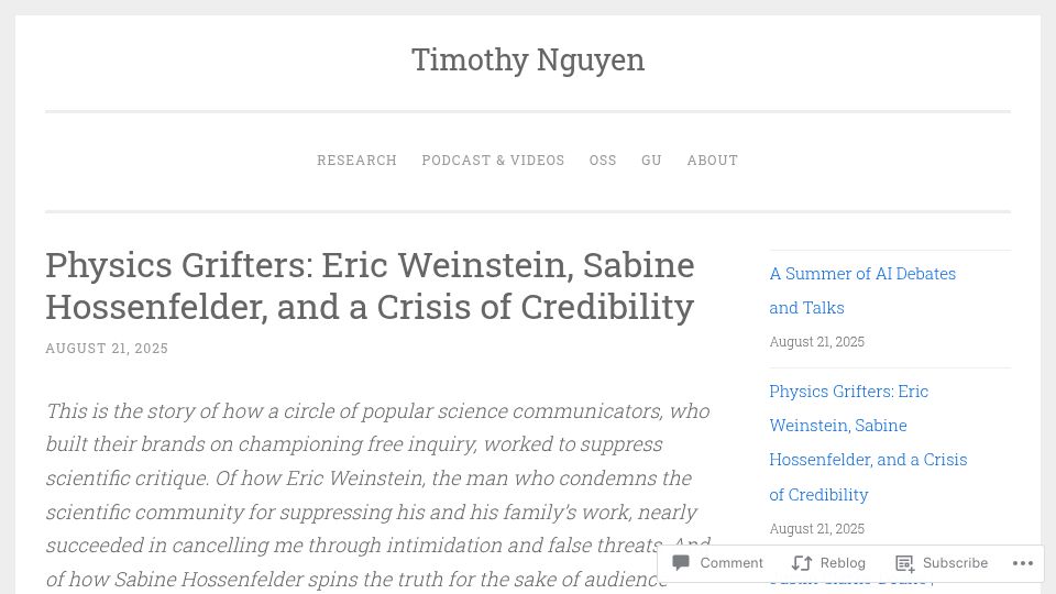 Screenshot of timothynguyen.org: The contrarian physics podcast subculture