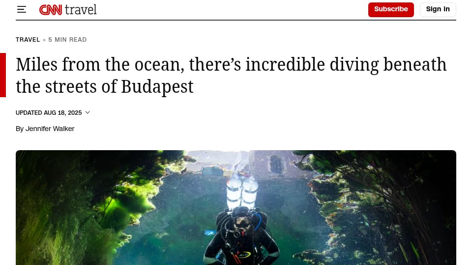 Screenshot of cnn.com: Miles from the ocean, there's diving beneath the streets of Budapest