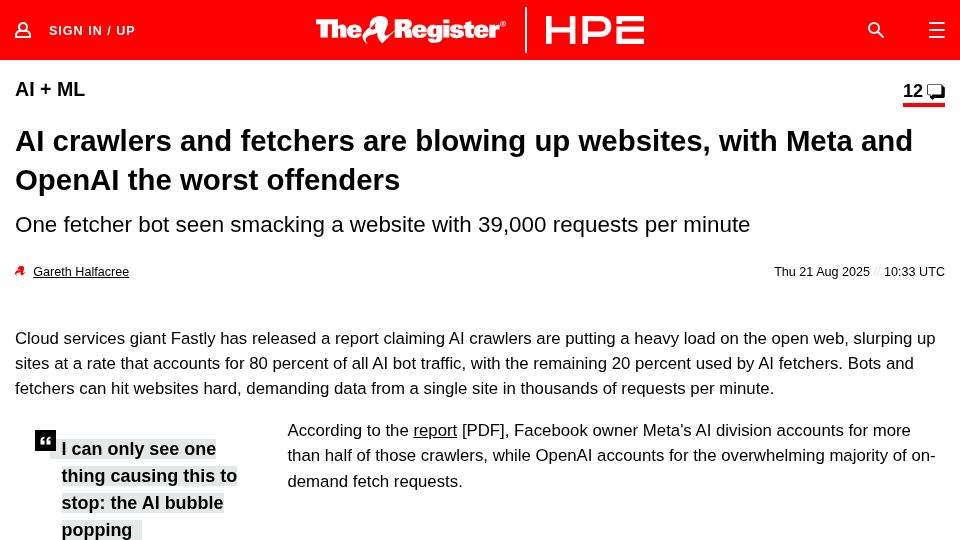 Screenshot of theregister.com: AI crawlers, fetchers are blowing up websites; Meta, OpenAI are worst offenders