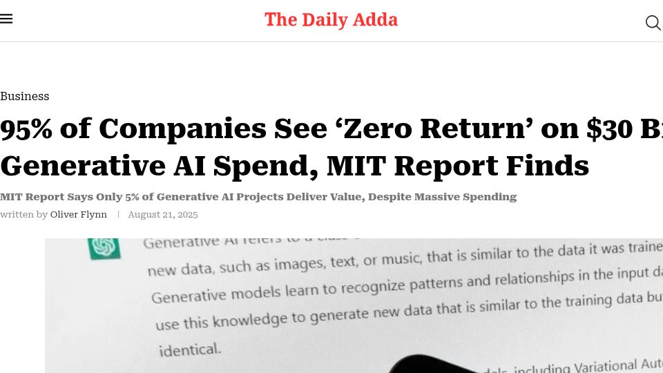 Screenshot of thedailyadda.com: 95% of Companies See 'Zero Return' on $30B Generative AI Spend