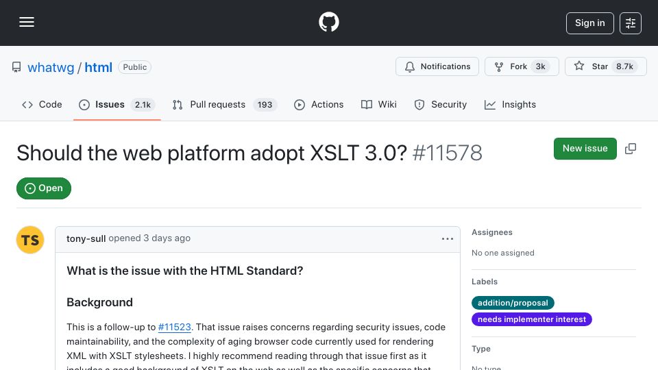 Screenshot of github.com: Should the web platform adopt XSLT 3.0?