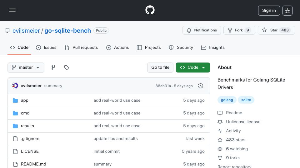 Screenshot of github.com: Benchmarks for Golang SQLite Drivers