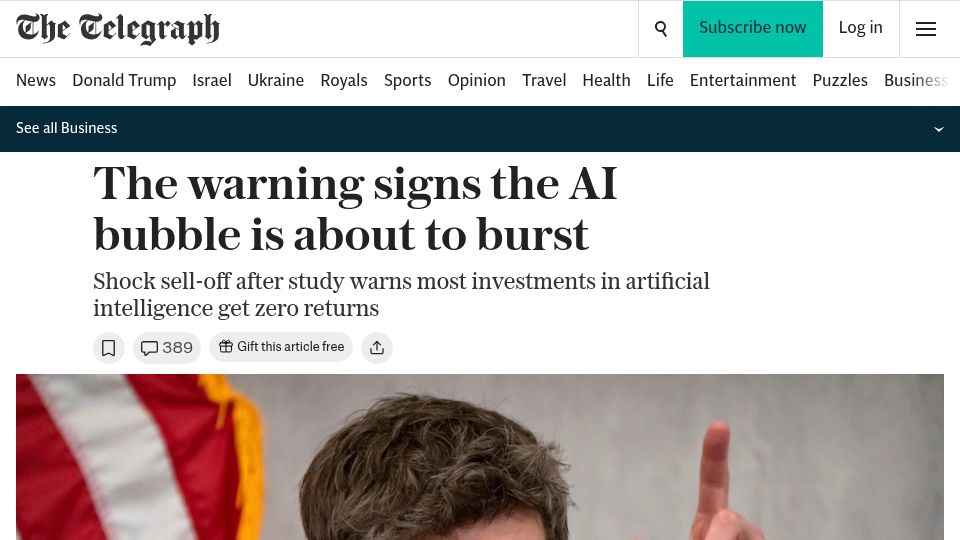 Screenshot of telegraph.co.uk: The warning signs the AI bubble is about to burst