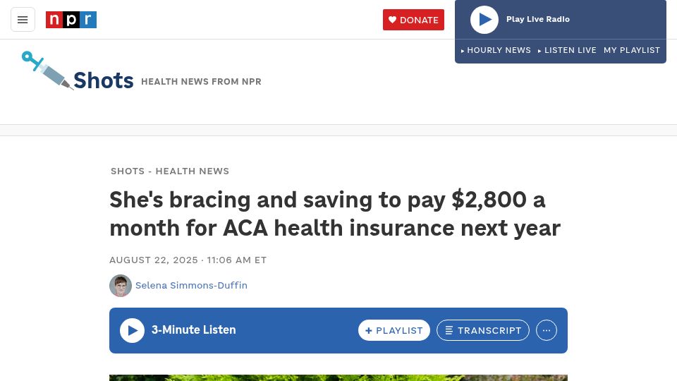 Screenshot of npr.org: From $479 to $2,800 a month for ACA health insurance next year