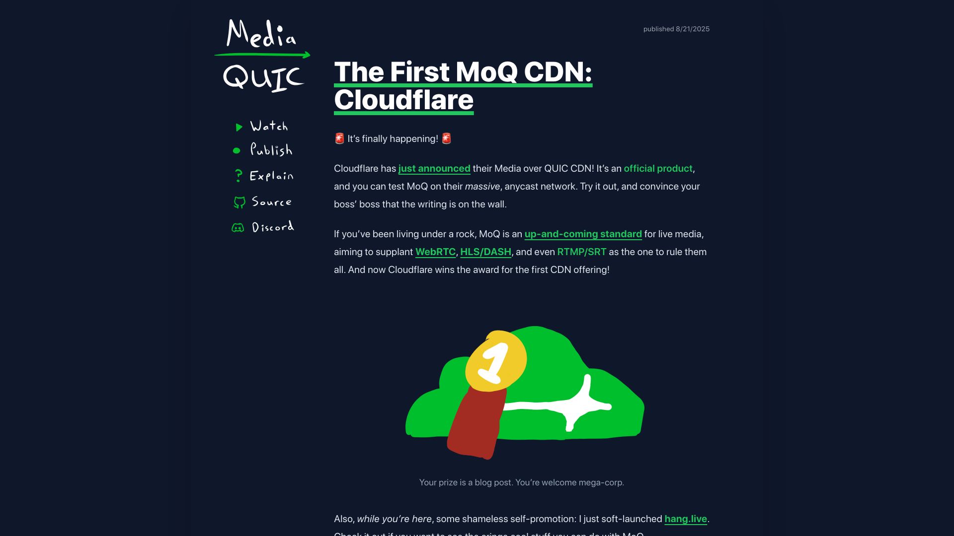 Screenshot of moq.dev: The first Media over QUIC CDN: Cloudflare