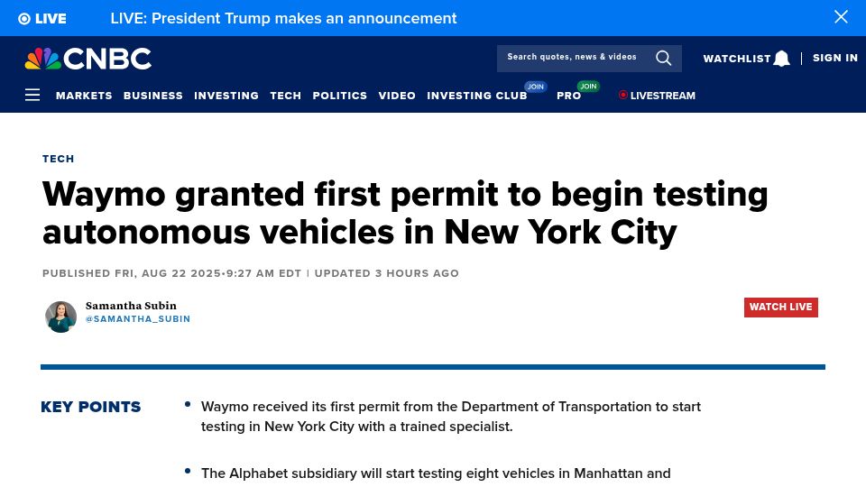 Screenshot of cnbc.com: Waymo granted permit to begin testing in New York City