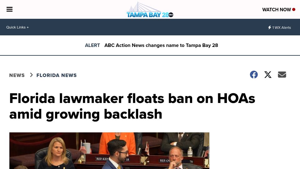 Screenshot of tampabay28.com: Florida lawmaker floats ban on HOAs amid growing backlash
