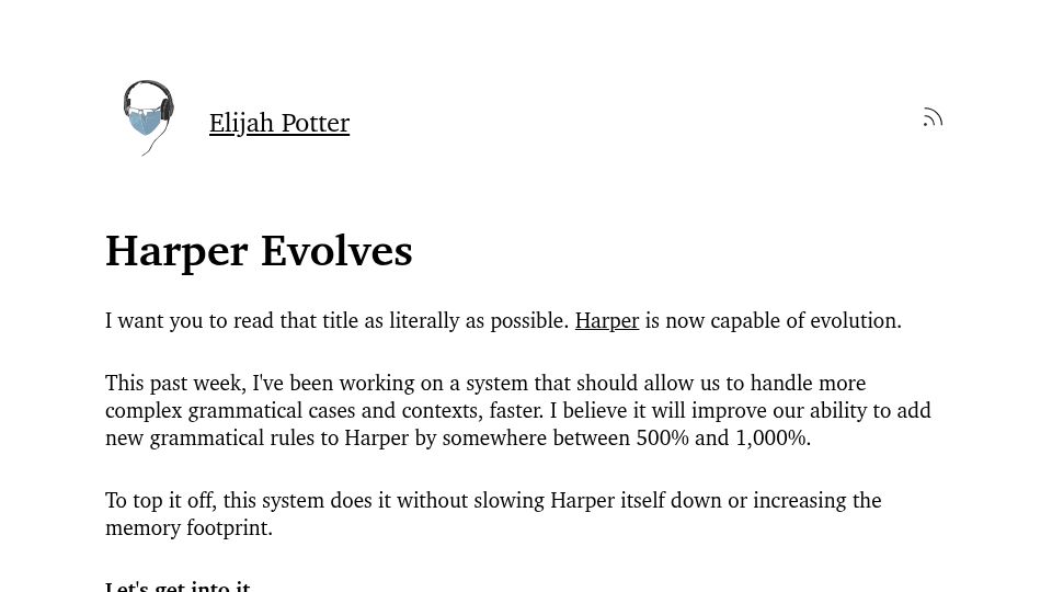 Screenshot of elijahpotter.dev: Harper Evolves