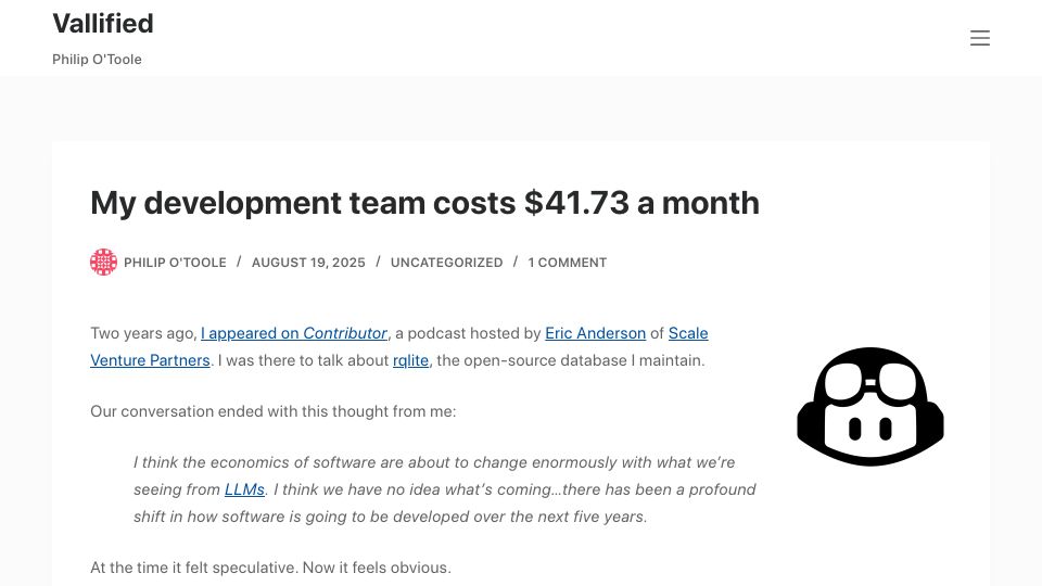 Screenshot of philipotoole.com: My development team costs $41.73 a month