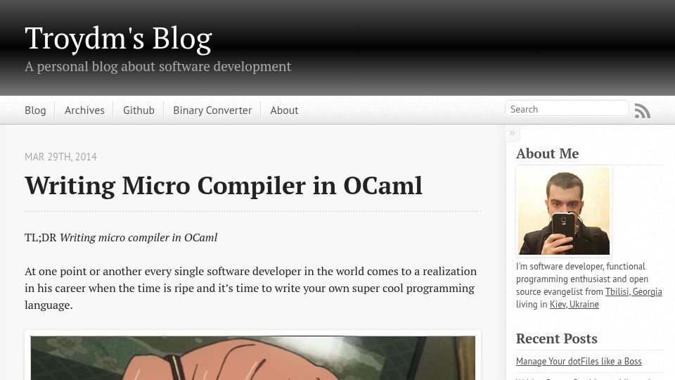 Screenshot of troydm.github.io: Writing Micro Compiler in OCaml (2014)