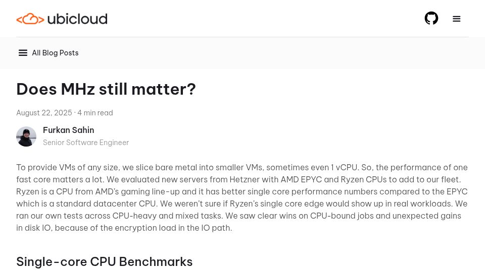 Screenshot of ubicloud.com: Does MHz Still Matter?