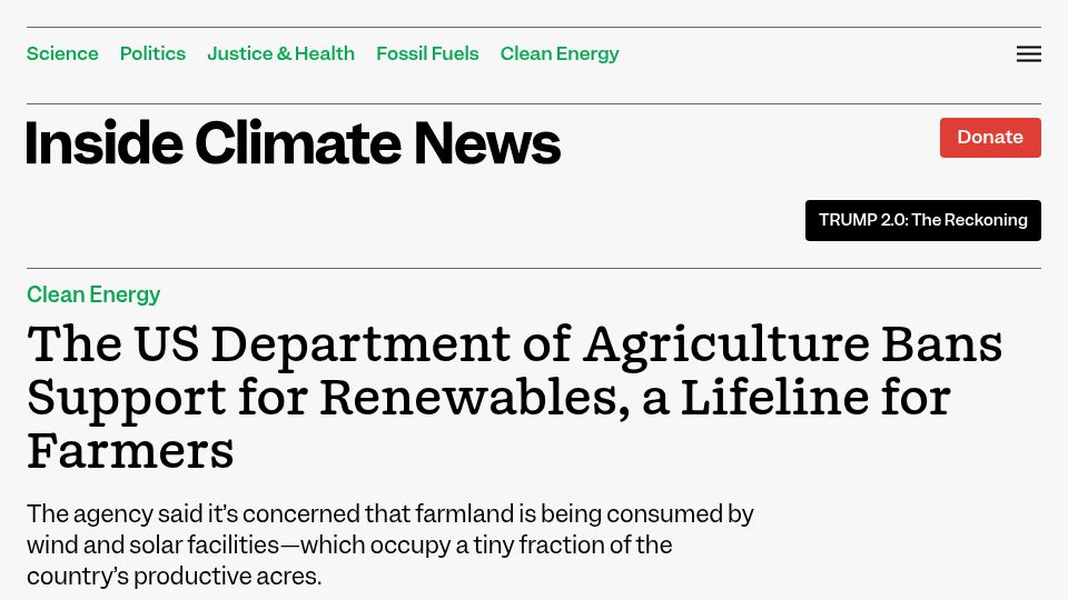 Screenshot of insideclimatenews.org: The US Department of Agriculture Bans Support for Renewables
