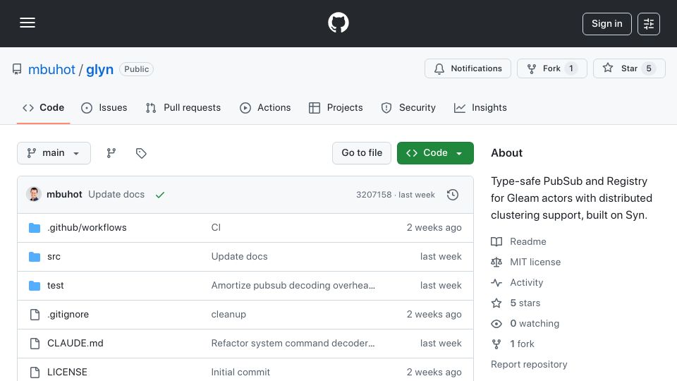 Screenshot of github.com: Glyn: Type-safe PubSub and Registry for Gleam actors with distributed clustering