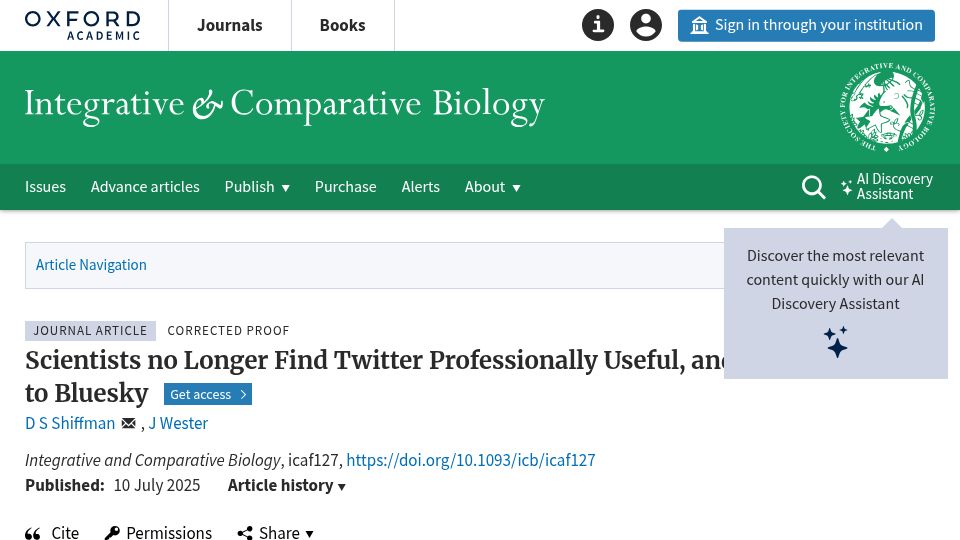 Screenshot of academic.oup.com: Scientists No Longer Find X Professionally Useful, and Have Switched to Bluesky