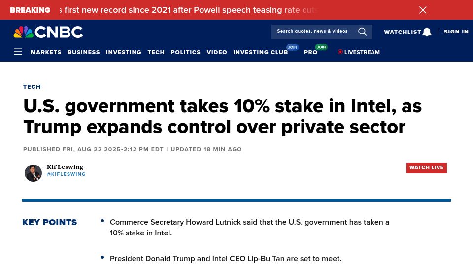 Screenshot of cnbc.com: U.S. government takes 10% stake in Intel