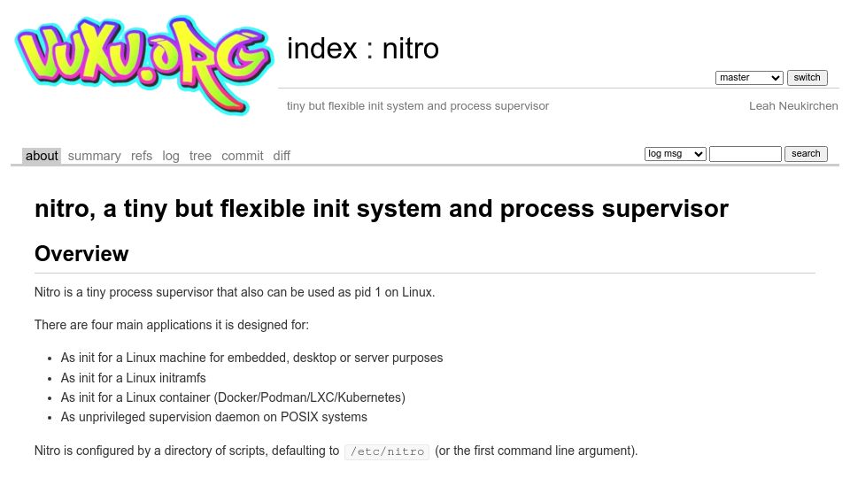 Screenshot of git.vuxu.org: Nitro: A tiny but flexible init system and process supervisor