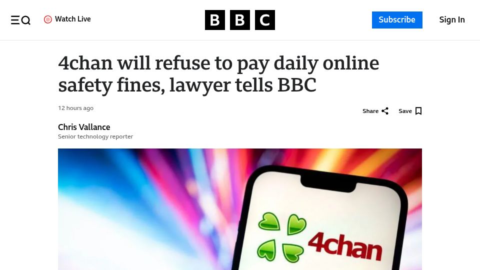 Screenshot of bbc.co.uk: 4chan will refuse to pay daily online safety fines, lawyer tells BBC