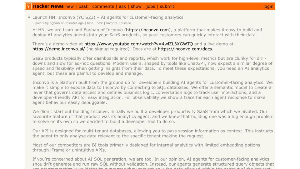 Screenshot of Hacker News post: Launch HN: Inconvo (YC S23) – AI agents for customer-facing analytics