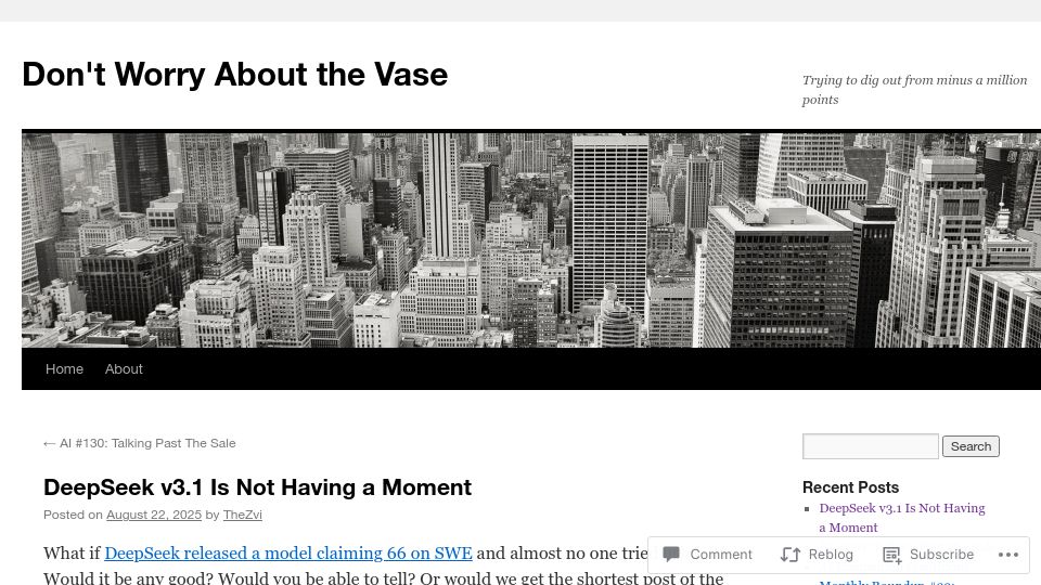 Screenshot of thezvi.wordpress.com: DeepSeek v3.1 is not having a moment