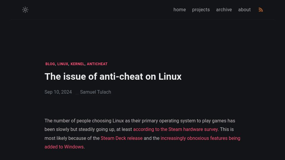 Screenshot of tulach.cc: The issue of anti-cheat on Linux (2024)