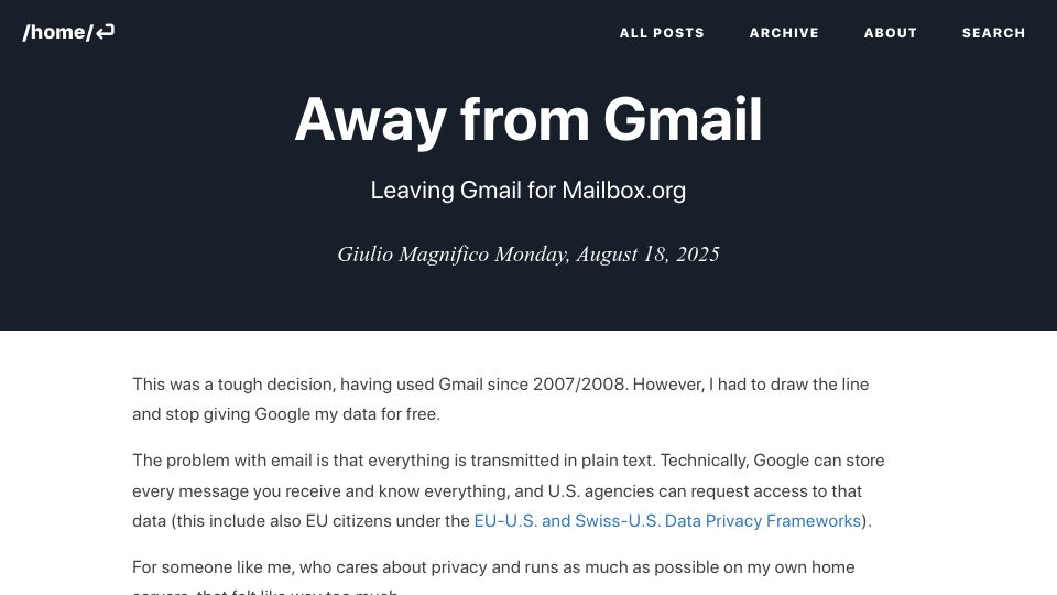 Screenshot of giuliomagnifico.blog: Leaving Gmail for Mailbox.org