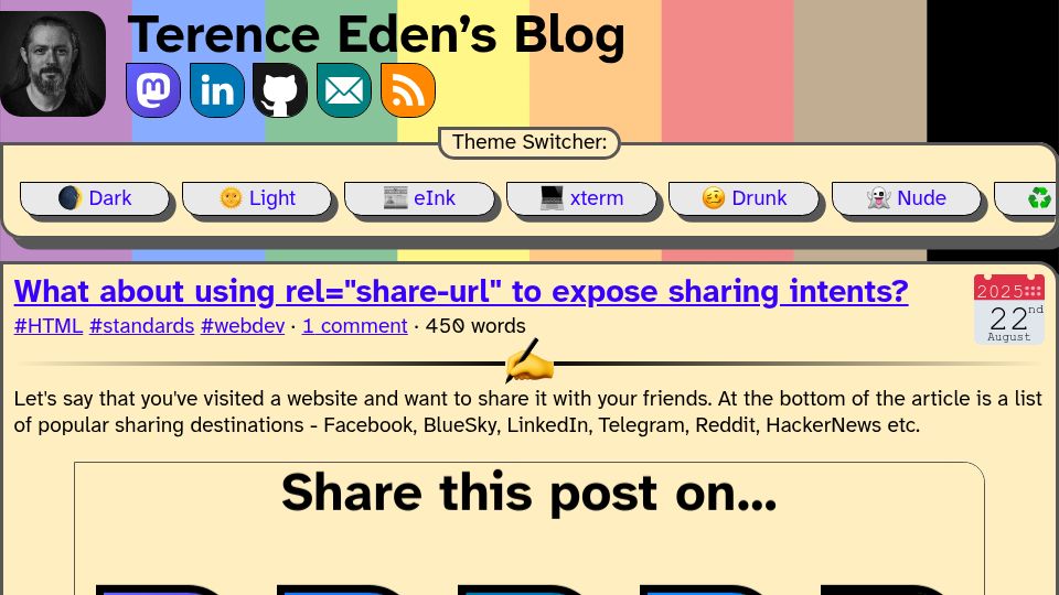 Screenshot of shkspr.mobi: What about using rel="share-url" to expose sharing intents?